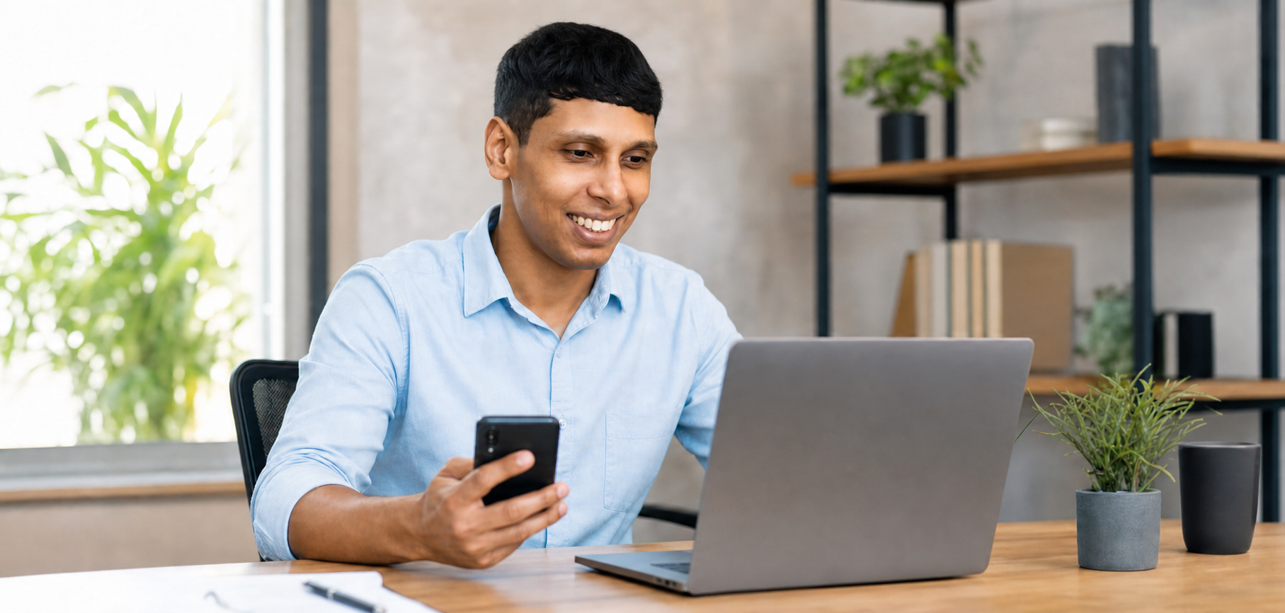 Kishan responding promptly to a client from his desk